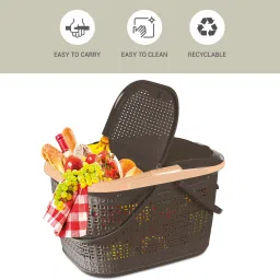 milton Polypropylene Pluto Picnic Basket with Two Side Opening Lid and with Handles, 1 Piece, Brown Storage Basket image 4
