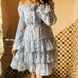 Women Fit and Flare White, Grey Knee Length Dress-image-44