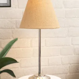 Gray Chrome 13" Basic Table Lamp with Fabric Shade, Bedside Light, Jute Cone Table Lamp-image-1