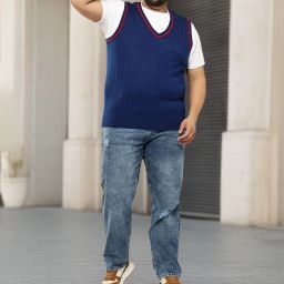 Men Self Design V Neck Blue Sweater-image-69