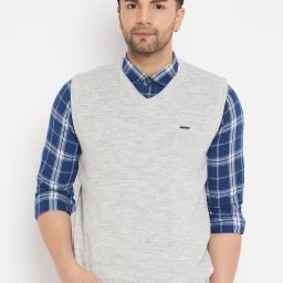 Men Solid V Neck Blue Sweater-image-68