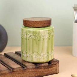 vareesha Green Embossed Ceramic Air Tight Jar with Wooden Lid-picture-48