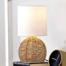 homesake Rattan Table Lamp, Small Nightstand Lamp with Linen Fabric Lampshade, Desk Lamp Bedside Lamp for Living Room Home Office, Round, Beige-picture-13