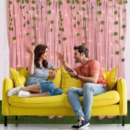 flipzone Solid Pink Wall Backdrop Net Decoration Kit with Artificial Leaf Vines and Led Balloon image 3