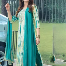 GoSriKi Ombre Printed Regular Thread Work Straight Kurta With Trousers And Dupatta image 4