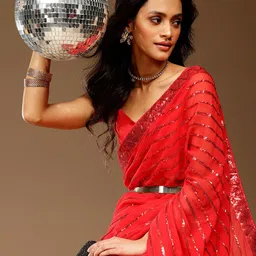Sangria Red Embellished Pure Georgette Saree-picture-54