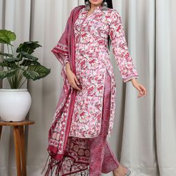 KALINI Floral Printed Regular Chanderi Cotton Kurta With Trousers & Dupatta image 3