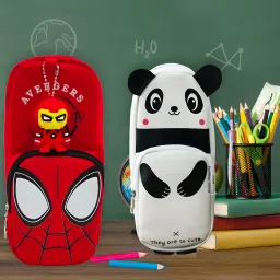 Combo Pencil Pouch for kids Super Quality Spiderman Pencil Pouch with attached 3DKeyring and double zipper pocket Panda Pencil Pouch Art Artificial Leather Pencil Boxes-22