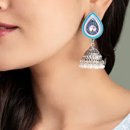 Rubans Oxidised Silver-Toned & Blue Enamelled Beaded Stone-Studded Dome Shaped Jhumkas-7