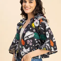 Moomaya Conversational Printed Crop Cotton Open Front Shrug image 3
