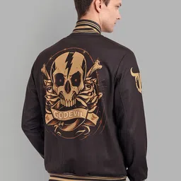 GO DEVIL Graphic Printed Mandarin Collar Bomber Jacket image 5