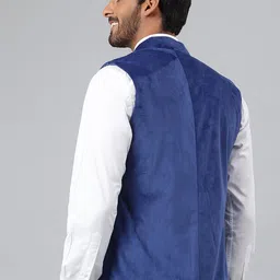 MR BUTTON Men Blue Solid Front-Open Nehru Jacket image 3