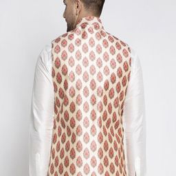 Kaifoo Men Beige & Red Printed Woven Nehru Jacket image 4