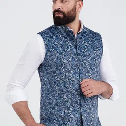 MR BUTTON Men Blue Printed Woven Nehru Jackets image 4