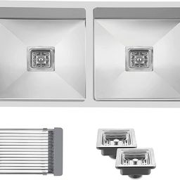 messina Sound Proof Double Bowl Handmade 45" X 20" X 10" Kitchen Sink 304 Grade Chrome Matt Finish Stainless Steel_M14 Vessel Sink-picture-24