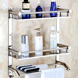 Stainless Steel Chrome Finish Wall Mount Kitchen Bathroom Rack Shelf 3 in 1 Stainless Steel Wall Shelf-24