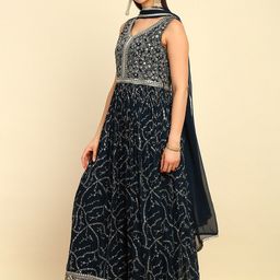 Soch Navy Blue Embellished Georgette Basic Jumpsuit With Dupatta & Belt image 3