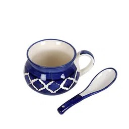 CDI Blue And White Set of 2 Dishwasher And Microwave Safe Ceramic Soup Mugs And Spoons image 3