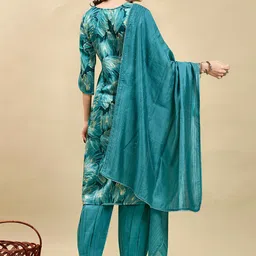 Anouk Teal Floral Embroidered Regular Mirror Work Kurta With Harem Pants & Dupatta image 4