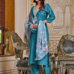 KALINI Ethnic Motifs Embroidered Regular Thread Work Kurta with Trousers & With Dupatta image 4