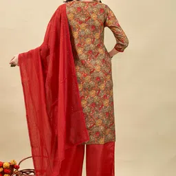 Anouk Rust & Red Floral Printed Beads & Stones Kurta with Palazzos & Dupatta image 4