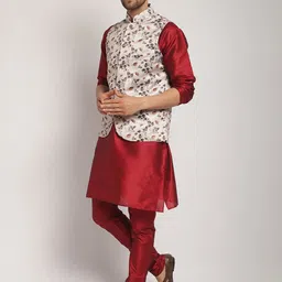 Kaifoo Mandarin Collar Regular Kurta with Churidar with Printed Nehru Jacket image 4