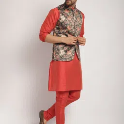 Kaifoo Mandarin Collar Kurta with Churidar & Printed Nehru Jacket image 4