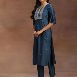 Libas Floral Yoke Design Regular Thread Work Kurta With Trousers & Dupatta image 4