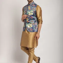 Kaifoo Mandarin Collar Regular Kurta with Churidar & Printed Nehru Jacket image 4