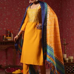 Ishin Ethnic Motifs Yoke Design Thread Work Stright Kurta & Trousers With Dupatta image 4