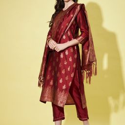 PPTOSS Ethnic Motifs Woven Design Kurta with Trousers & With Dupatta image 4