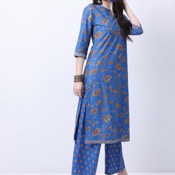 Vishudh Blue & Brown Floral Printed Kurta With Palazzos & Dupatta image 4