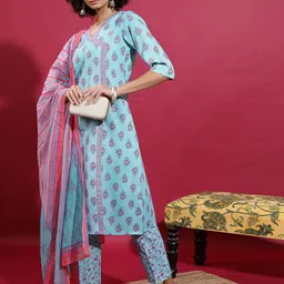 Vishudh Floral Printed A Line Kurta With Trousers & Dupatta image 4