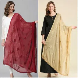 Chiffon Embroidered Maroon, Beige Women Dupatta-image-87
