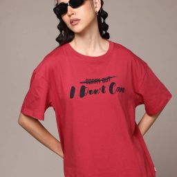 Women Printed Round Neck Pure Cotton Red T-Shirt-image-67