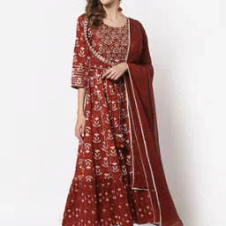 YELLOW CLOUD Rust Ethnic Motifs Maxi Dress with Dupatta-image-62