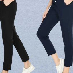Women Straight Fit Black, Blue Pure Cotton Trousers-image-12