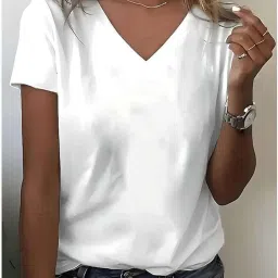 Women Solid V Neck Polycotton White T-Shirt-image-75