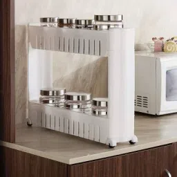 2 Tier Kitchen Trolley, Easy-To-Move Slide Out Shelf Slim Rack White Plastic Kitchen Trolley-image-40