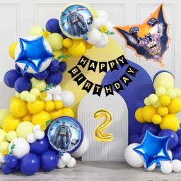 Batman Theme 2nd Birthday Decoration Kit Blue Yellow Balloon Garland & Foil Set-image-98