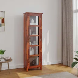 Solid Wood Cabinet With 1 Glass Door & 5 Shelf Storage For Living Room Home Solid Wood Close Book Shelf-18