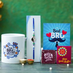 Designer Rakhi Gift Set For Brother Combo With Roli Chawal Greeting Card- MUG-34 Mauli Thread Mug, Rakhi, Showpiece, Key Ring, Chawal Roli Pack, Greeting Card Set-image-8