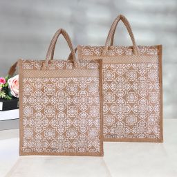 Jute White Flower Grocery Bag with Handle|Medium|Pack of 2|Brown Pack of 2 Grocery Bags-image-3