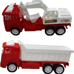 Set of 2 Combo Friction powered Red|White JCB and Red|White dumper trucks-13
