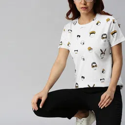 juneberry Women Printed Round Neck Pure Cotton White T-Shirt-picture-31