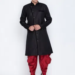 VM VM by Vastramay Men's Black Cotton Blend Sherwani Set Self Design Sherwani-image-45