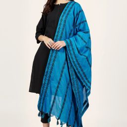 Cotton Silk Woven, Striped Blue, Black Women Dupatta-image-53