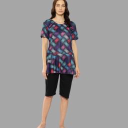 Womens Black Colour Abstract Print Nylon Plus Size Swim Suit With Goggle Printed Women Swim-dress Black Swimsuit-10
