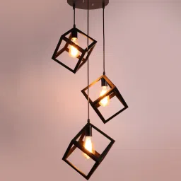 (Bulb not Included) Cube Hanging Pendants 3 Light Cluster E27 Holder, Black Chandelier Lamp Shade-picture-3