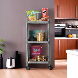 Multipurpose 3-Layer Office Storage Trolley Rack with Wheels | Grey Plastic Kitchen Trolley-17